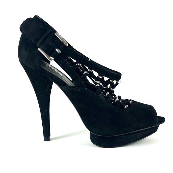 Report Signature Black Suede Caged Peep Toe Platform Heels - Picture 3 of 7